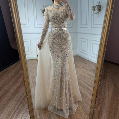 Luxury Pink Beaded Mermaid Evening Dress Long Sleeve LA73158