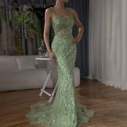 Luxury Dubai  Saudi Caramel Beaded Spaghetti Strap Arabic Mermaid Evening Dress Gown for Formal Occasion LA72733