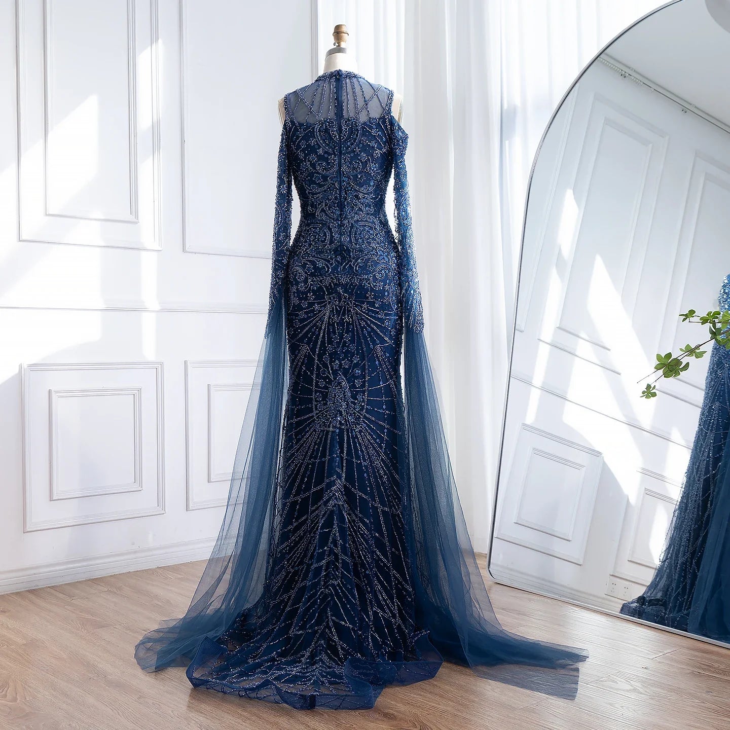 Luxury Dubai Navy Blue Beaded Lace Evening Dress with Cape Sleeves LA73323