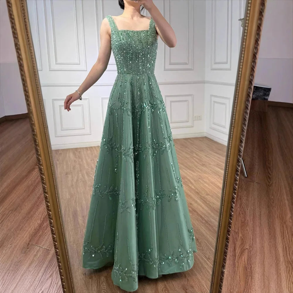 Elegant Sage Green Beaded A-Line Evening Dress LA73064