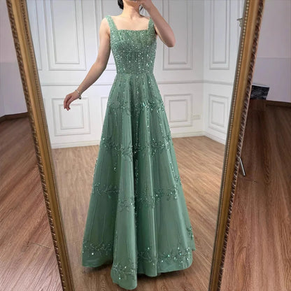 Elegant Sage Green Beaded A-Line Evening Dress LA73064