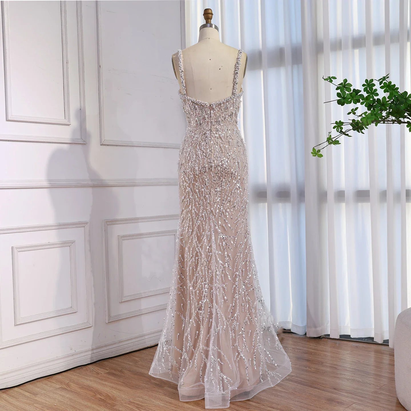 Luxury Lace Pearls Mermaid Evening Dress With Glove White Nude LA72345E