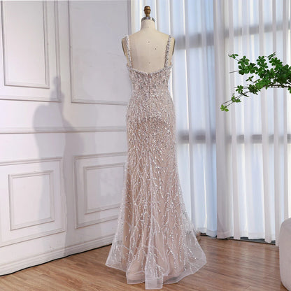 Luxury Lace Pearls Mermaid Evening Dress With Glove White Nude LA72345E