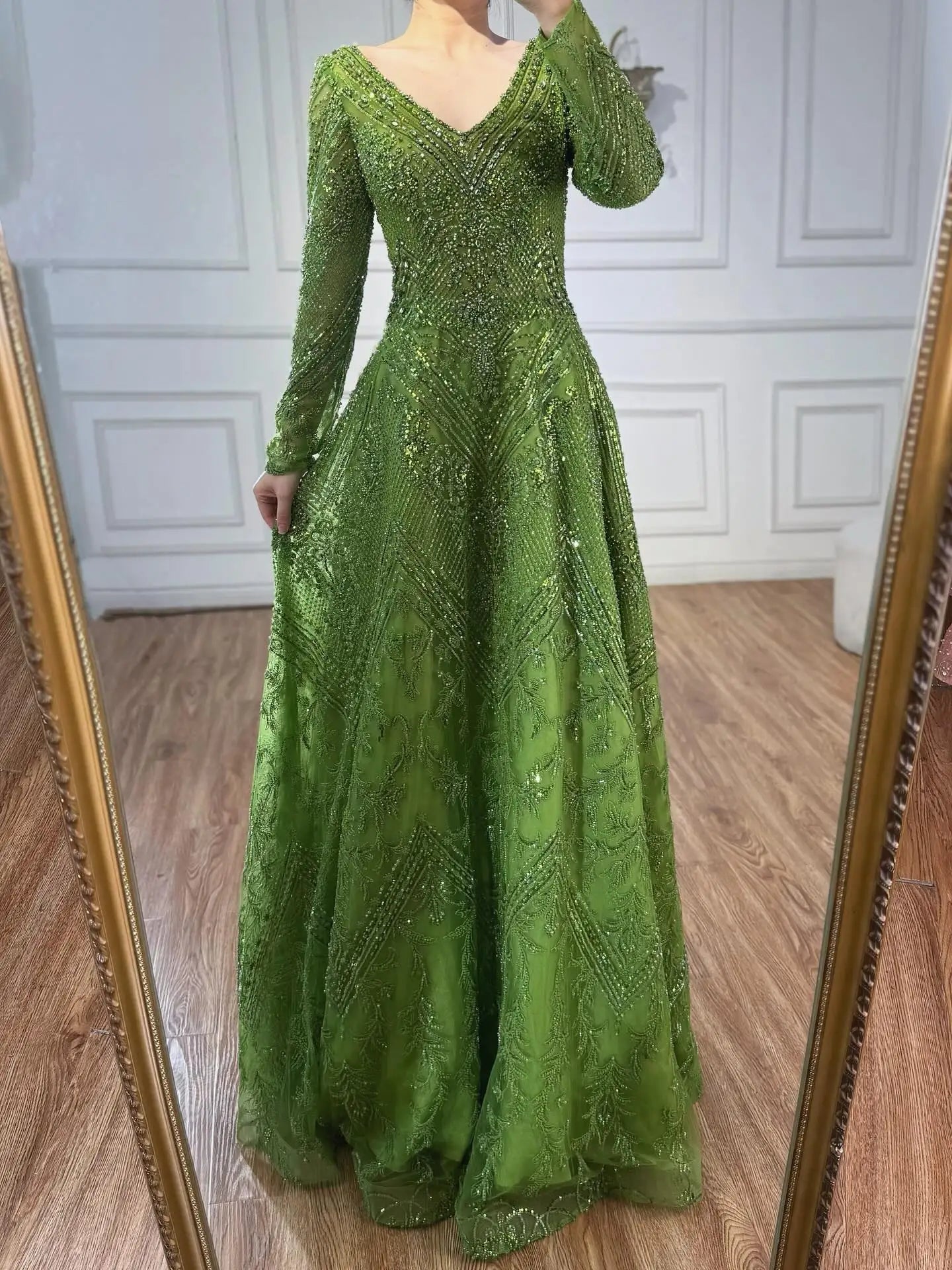 Luxury Lime Green Lace Beaded Long Sleeve Evening Dress LA73324