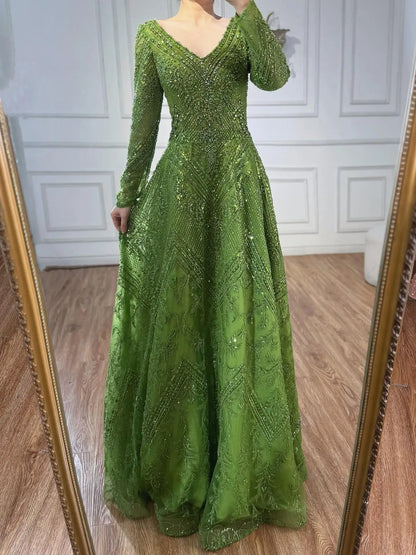 Luxury Lime Green Lace Beaded Long Sleeve Evening Dress LA73324