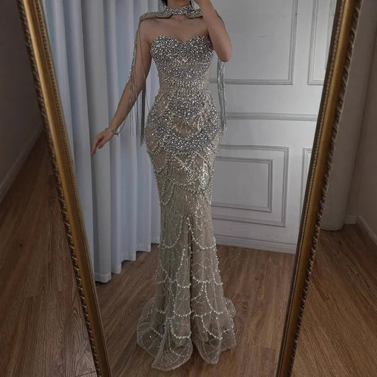 Luxury Nude Beaded Evening Dress with Tassel Short Cape LA72876