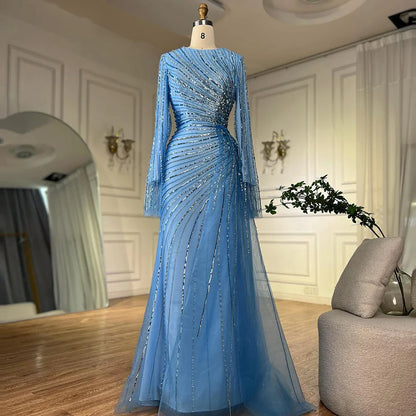 Luxury Dubai   Arabic Elegant Blue Beaded Saudi Evening Dresses Gowns for Formal Occasion LA72822