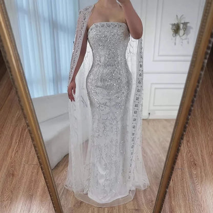 Luxury White Dubai Arabia Beading  Evening Dress With Cape LA72870