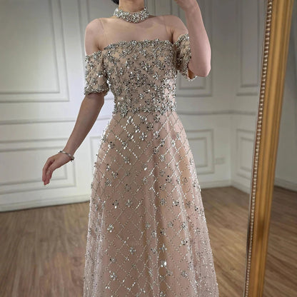 Luxury Nude Sliver Off Shoulder Beaded Crystal A-Line Evening Dress LA73122
