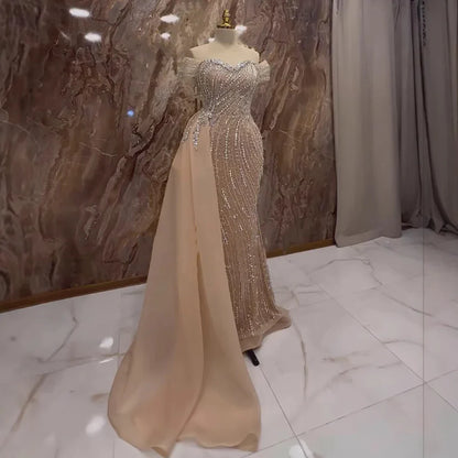 Luxury Nude Beaded Mermaid Evening Dress with Overskirt LA72911