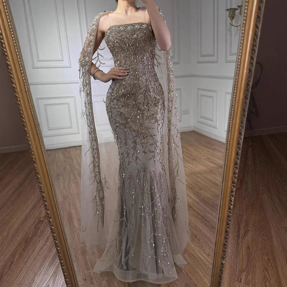 Luxury White Dubai Arabia Beading  Evening Dress With Cape LA72870