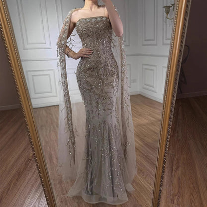 Luxury White Dubai Arabia Beading  Evening Dress With Cape LA72870