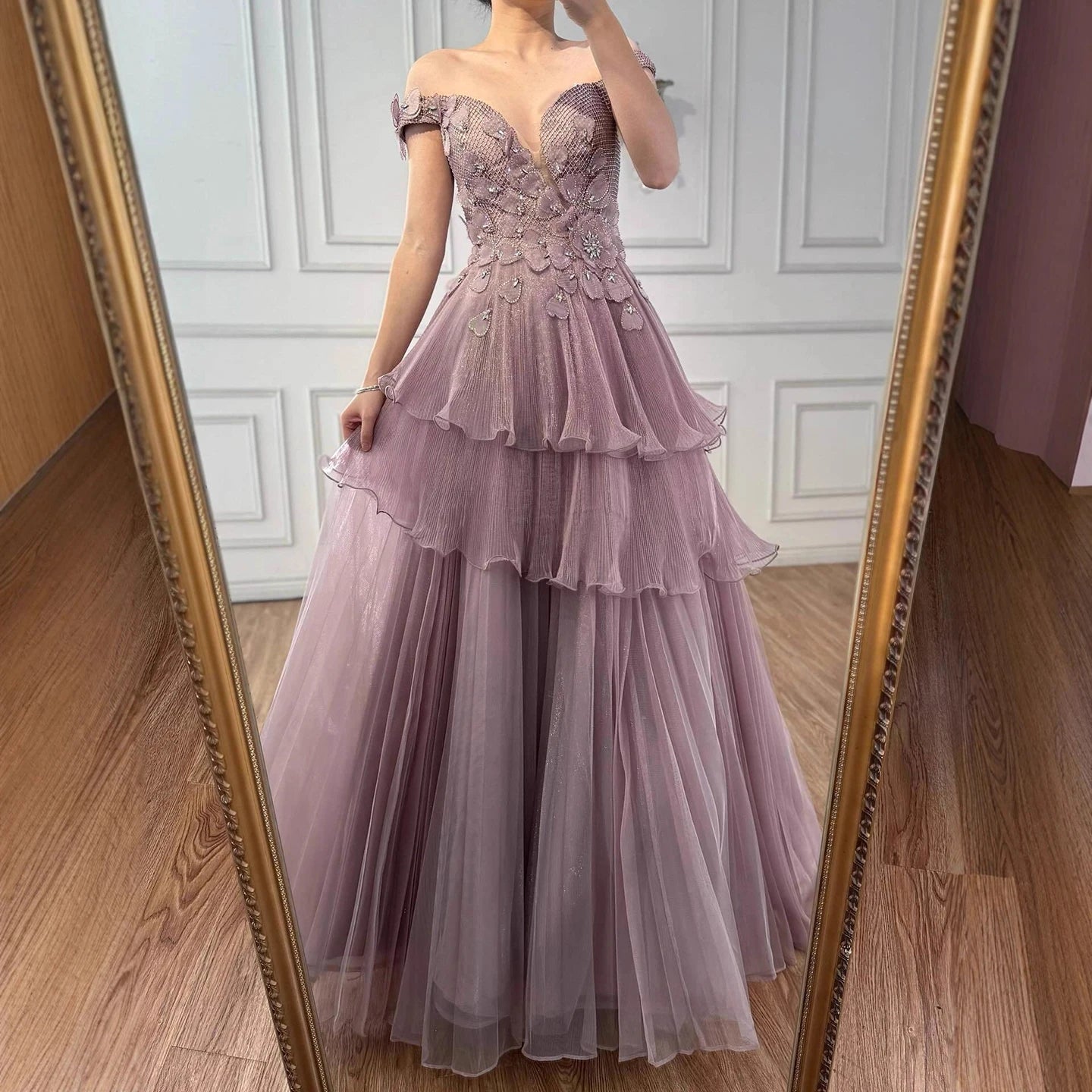Luxury Pink Dreamy Ruffles Beaded A-Line Evening Dress LA73385