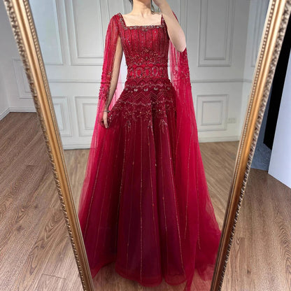 Luxury Caramel A-Line Beaded Evening Dress with Cape Sleeves LA73089A