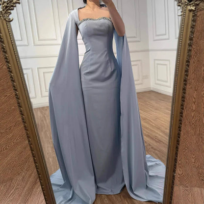 Elegant Blue Mermaid Evening Dress with Cape Sleeves LA72200