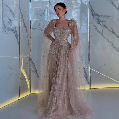 Caramel Beaded A-Line Evening Dress with Cape Sleeves LA71803A