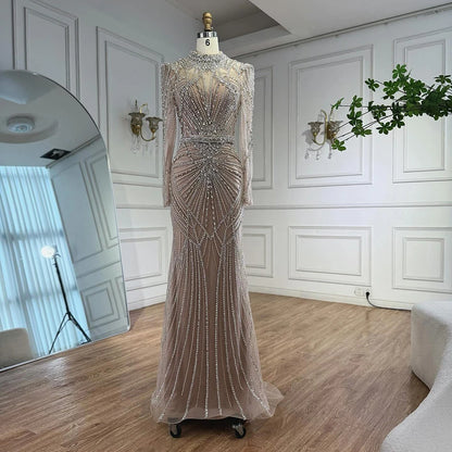 Modest Caramel High Collar Evening Dress for Wedding Guest LA73203