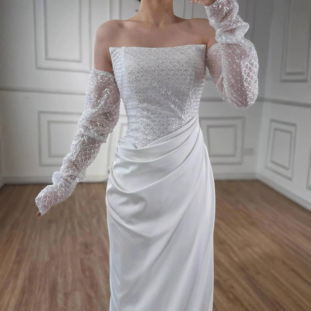 White   Beaded Evening Dress with Detachable Sleeves LA72293A