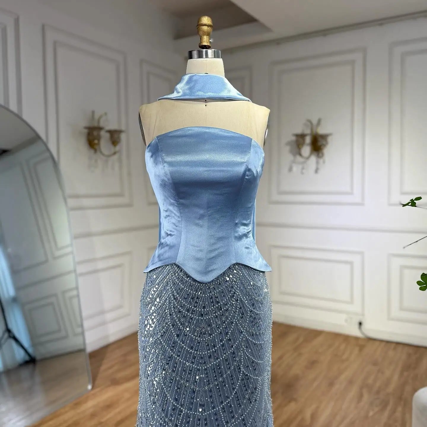 Blue Arabic Dubai Designer A-Line Evening Dress for Women Party LA73216