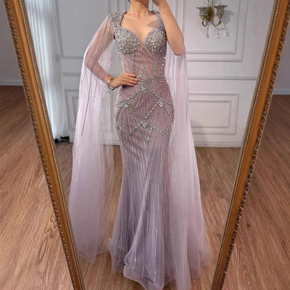 Luxury Dubai Pink Beaded Evening Dress With Cape LA73329