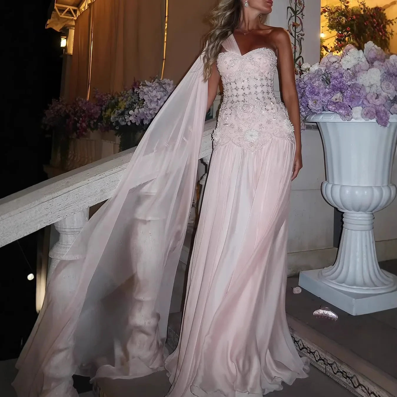 Luxury Pink Arabic Floral Evening Dress With Cape LA73451