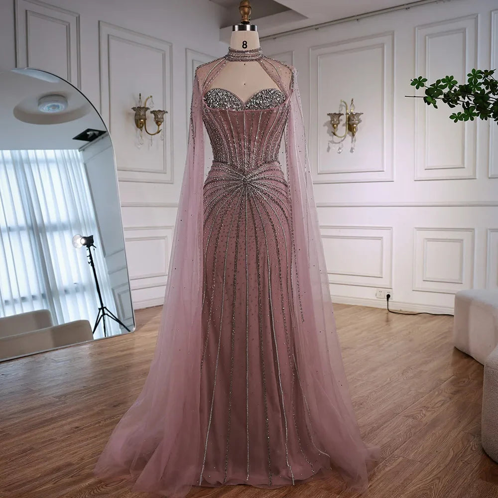 Nude Luxury Beaded Mermaid Evening Gown with Cape Sleeves LA72811A