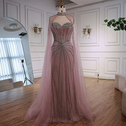 Nude Luxury Beaded Mermaid Evening Gown with Cape Sleeves LA72811A