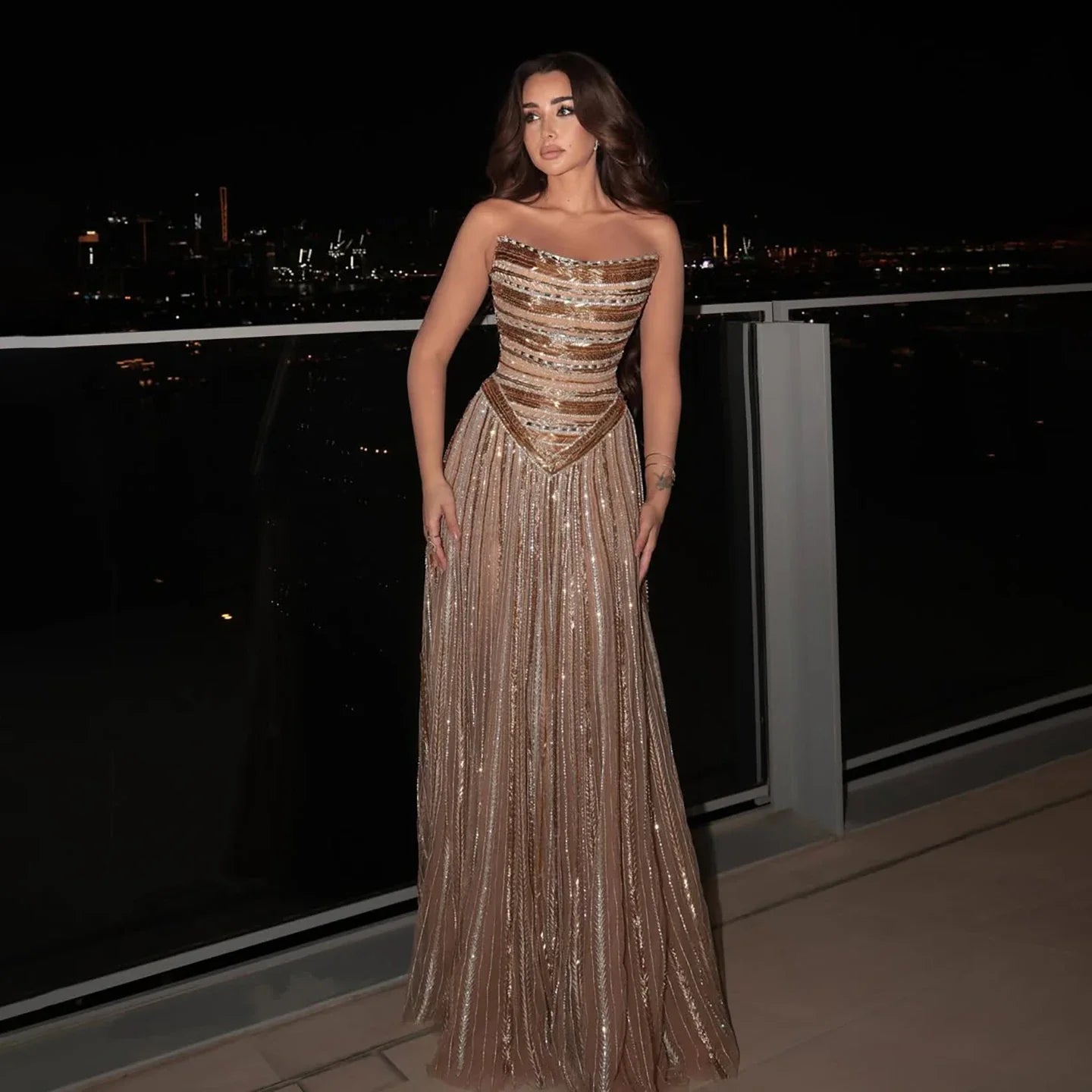 Luxury Caramel Beaded Arabic A-Line Corset Evening Dress LA73359