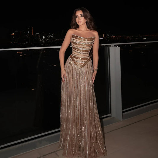 Luxury Caramel Beaded Arabic A-Line Corset Evening Dress LA73359