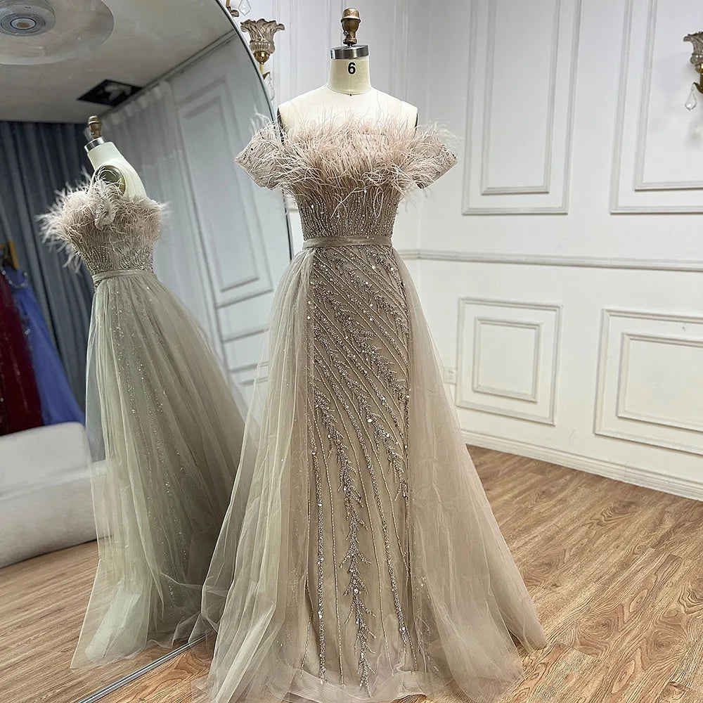 Luxury Dubai  Saudi Arabic Beaded Caramel Mermaid Elegant Evening Dresses Gowns with Overskirt for Formal Occasion LA71634A