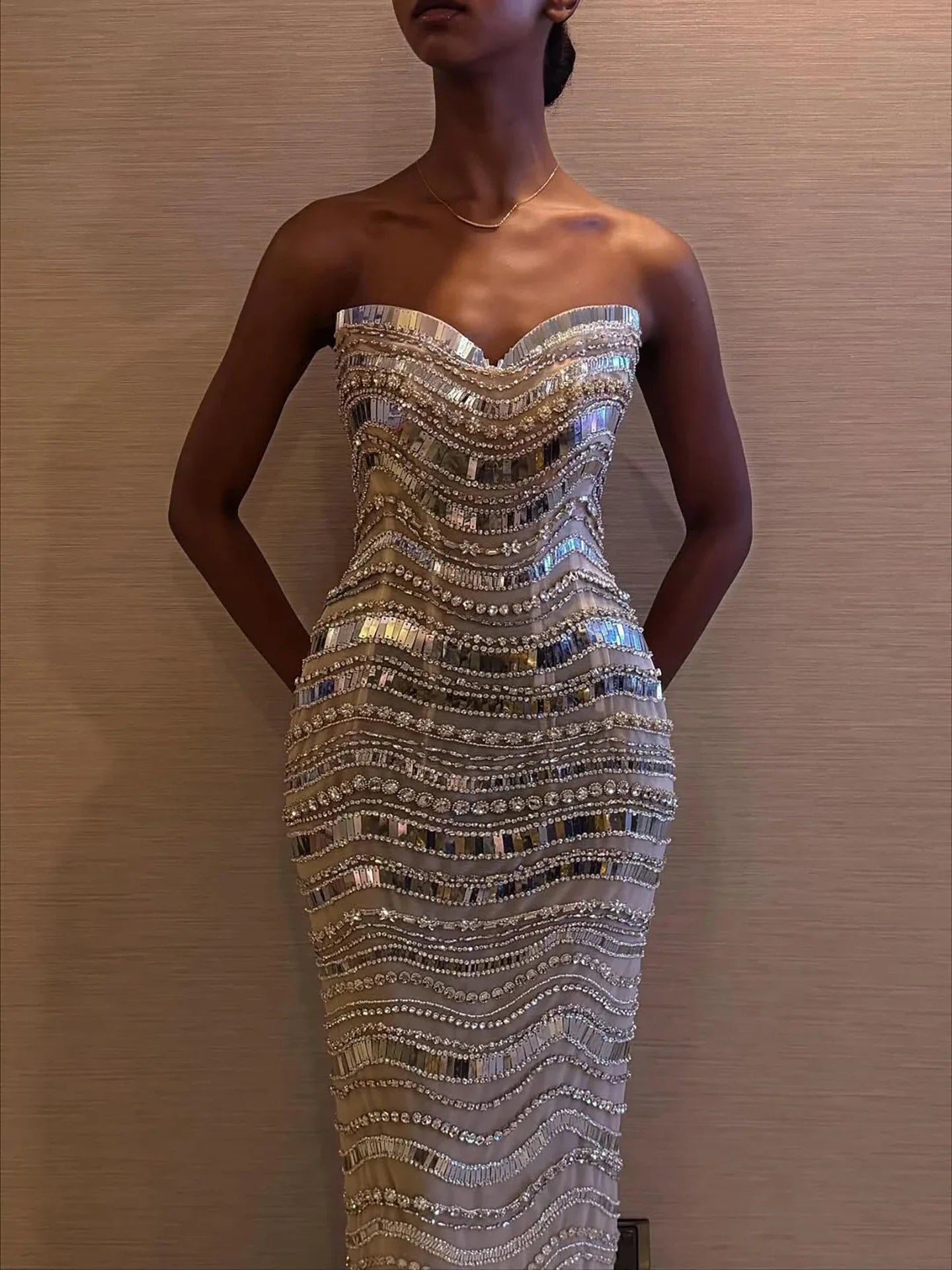 Luxury Silver Nude Beaded Mermaid Evening Dress LA73449