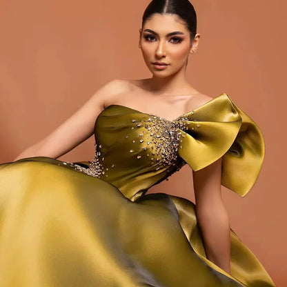 Luxury Yellow Satin One Shoulder A Line Evening Dress LA72794