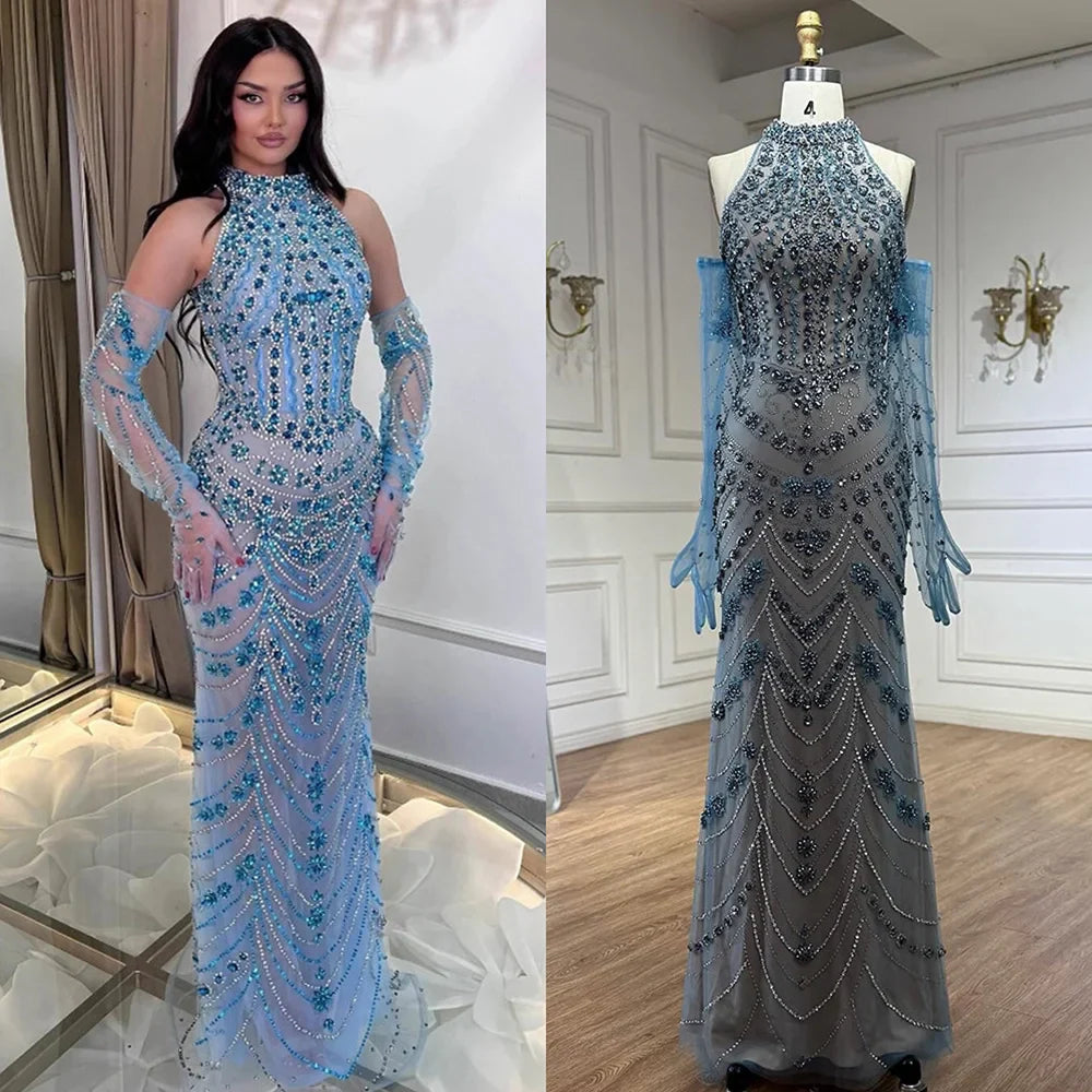 Luxury Dubai Arabic Blue Beaded Evening Dress with Gloves LA72760A
