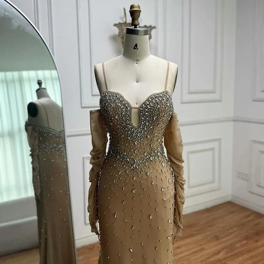Luxury Nude Beaded Dress with Detachable Sleeves LA73065