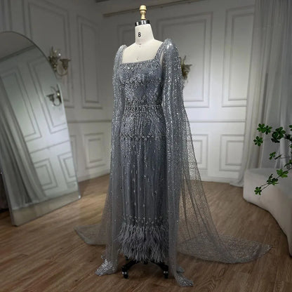 Bling Gray Mermaid Feather Arabic Midi  Evening Dress with Cape LA72334