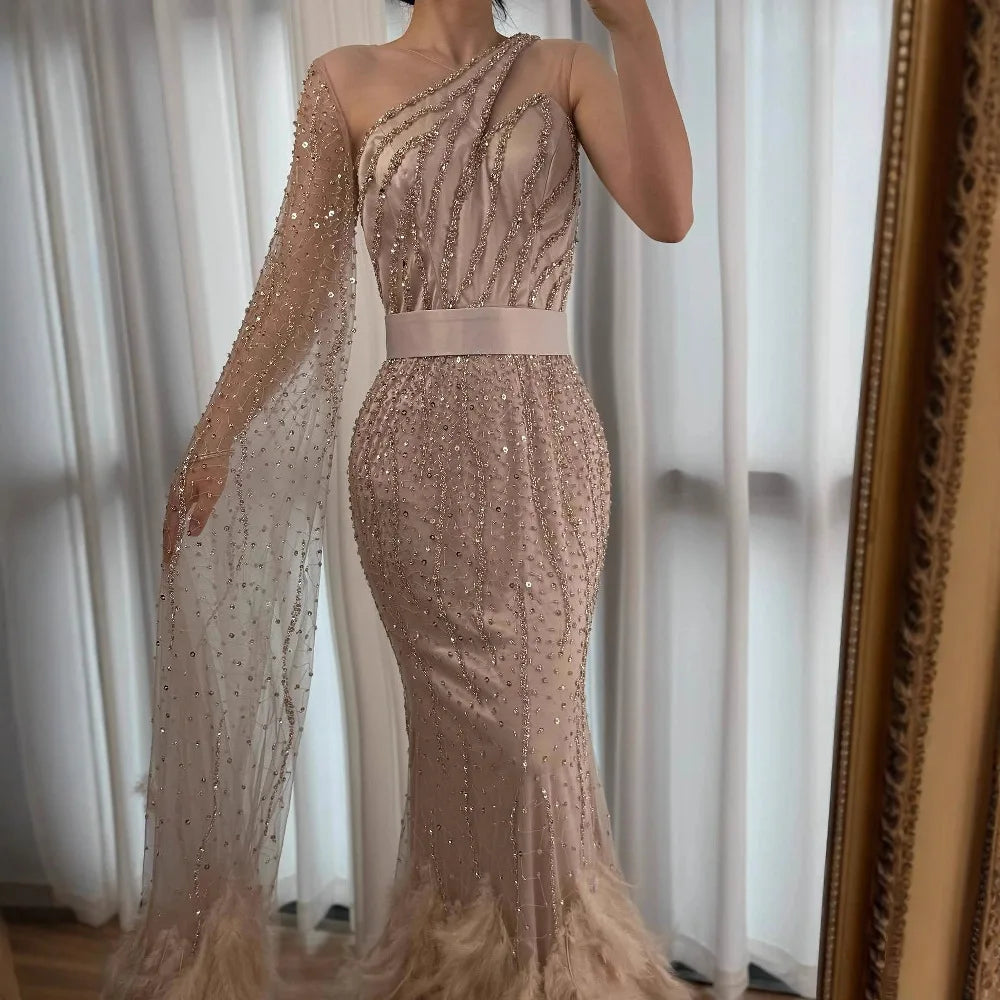 Elegant Nude One Shoulder Feather Beaded Mermaid Evening Dress LA71096