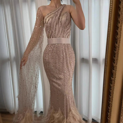 Elegant Nude One Shoulder Feather Beaded Mermaid Evening Dress LA71096