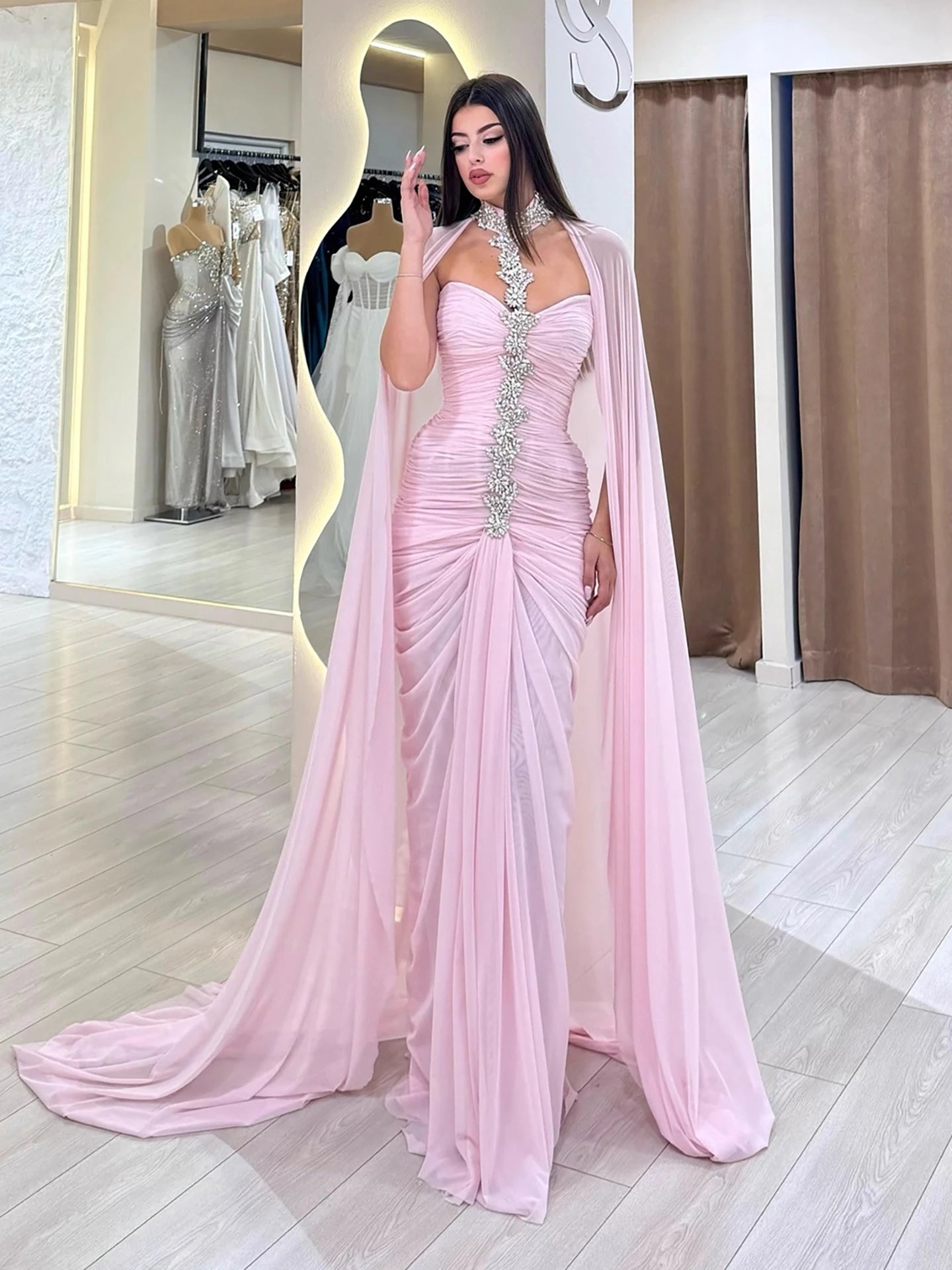 Luxury Pink Halter Crystal Beaded Evening Dress with Cape LA73374