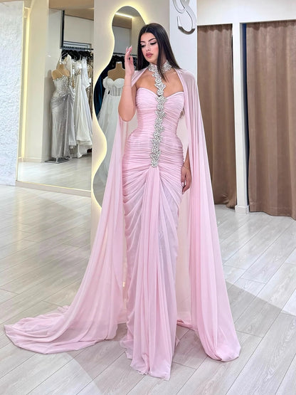 Luxury Pink Halter Crystal Beaded Evening Dress with Cape LA73374