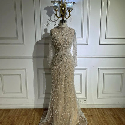 Luxury Dubai  Saudi Arabic Luxury Pearls Beaded Nude Mermaid Evening Gown for Formal Occasion LA72345A
