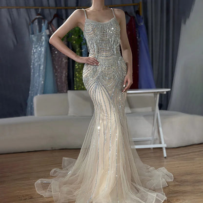 Luxury Dubai  Silver Nude Spaghetti Strap Mermaid Evening Dress Gown with Luxury Beaded Tassels for Formal Occasion LA72772