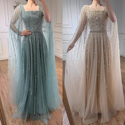 Luxury Dubai Square Neck Beaded Evening Gown with Cape LA73188
