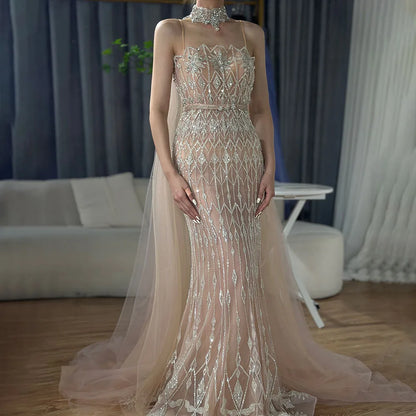 Luxury Nude Beaded Mermaid Evening Dress with Cape LA72711
