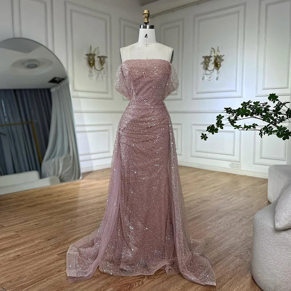 Luxury Dubai Customize  Pink Elegant Saudi Mermaid Beaded Arabic Evening Dresses Gown For Formal Occasion LA72204A