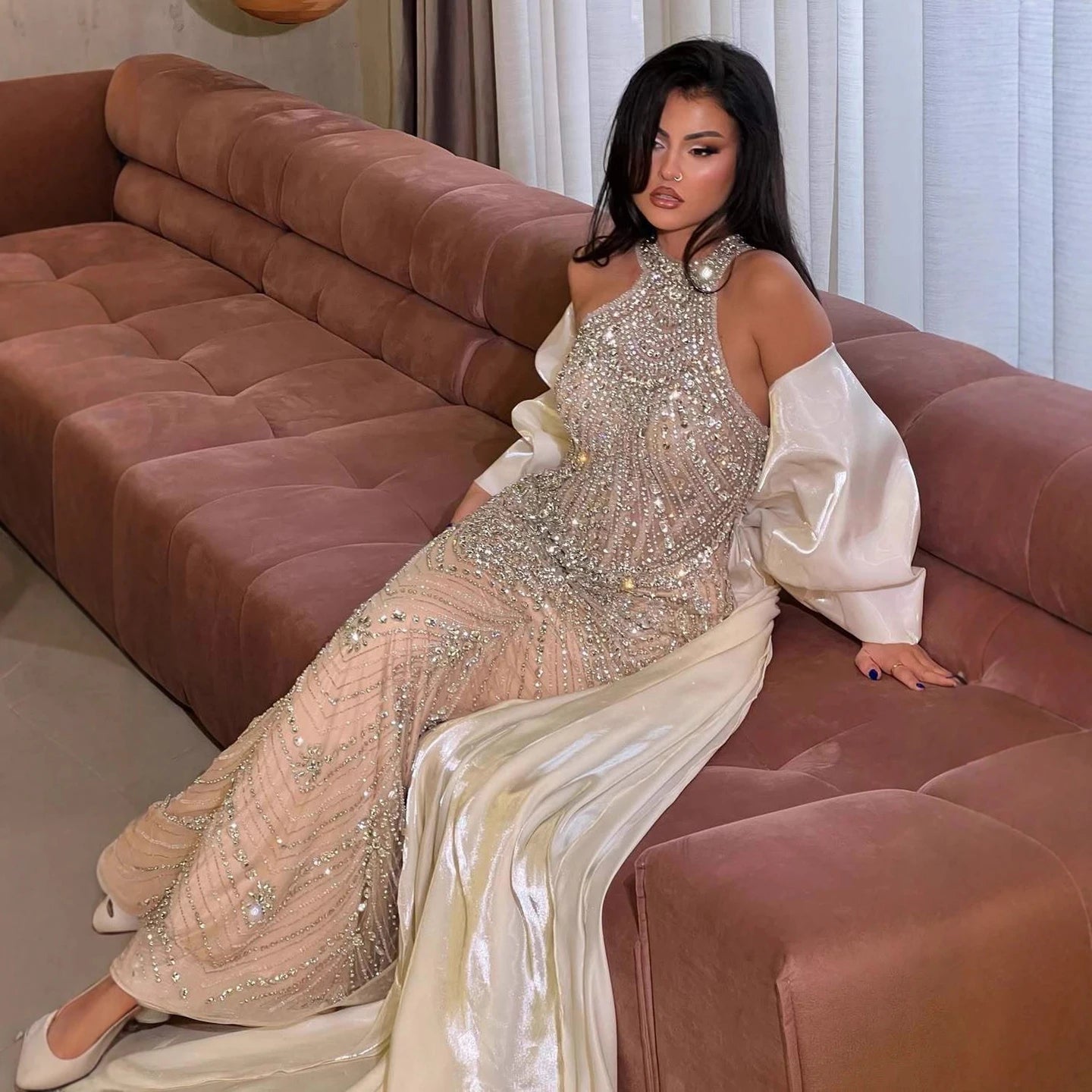 Luxury Kosovo Nude Halter Beaded Evening Dress with Bow Cape LA73218