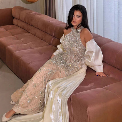Luxury Kosovo Nude Halter Beaded Evening Dress with Bow Cape LA73218