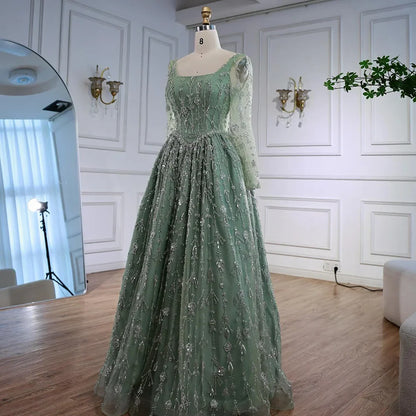 Luxury Sage Green Beaded Evening Dress with Long Sleeves LA72805B