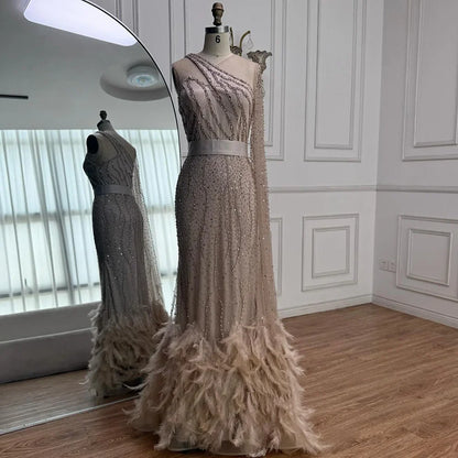Elegant Nude One Shoulder Feather Beaded Mermaid Evening Dress LA71096
