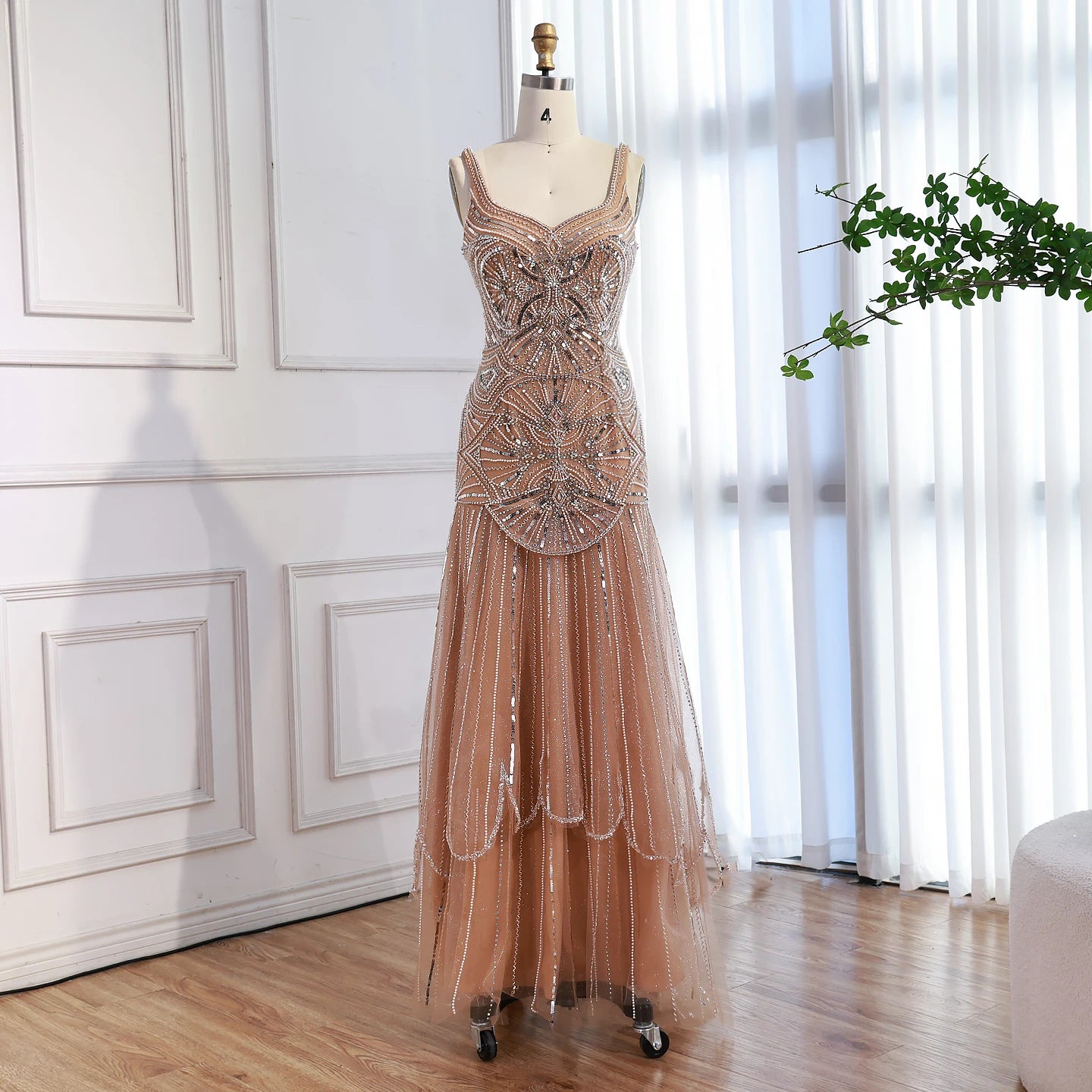 Luxury Nude Spaghetti Strap Beaded A line Evening Dress LA73189