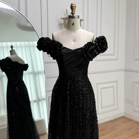 Luxury Black Off Shoulder Sequin Evening Dress with Floral Sleeves LA73096